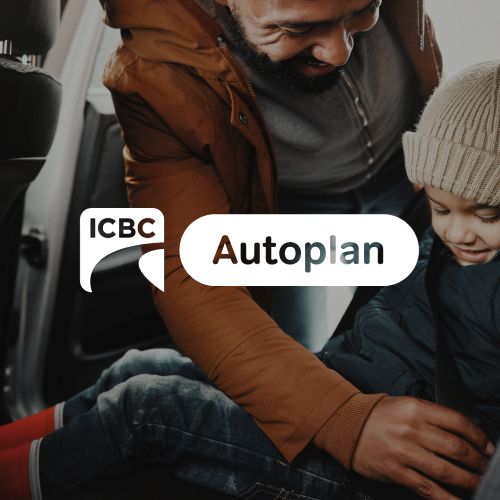 Parent securing child in a car seat with ICBC Autoplan logo overlayed