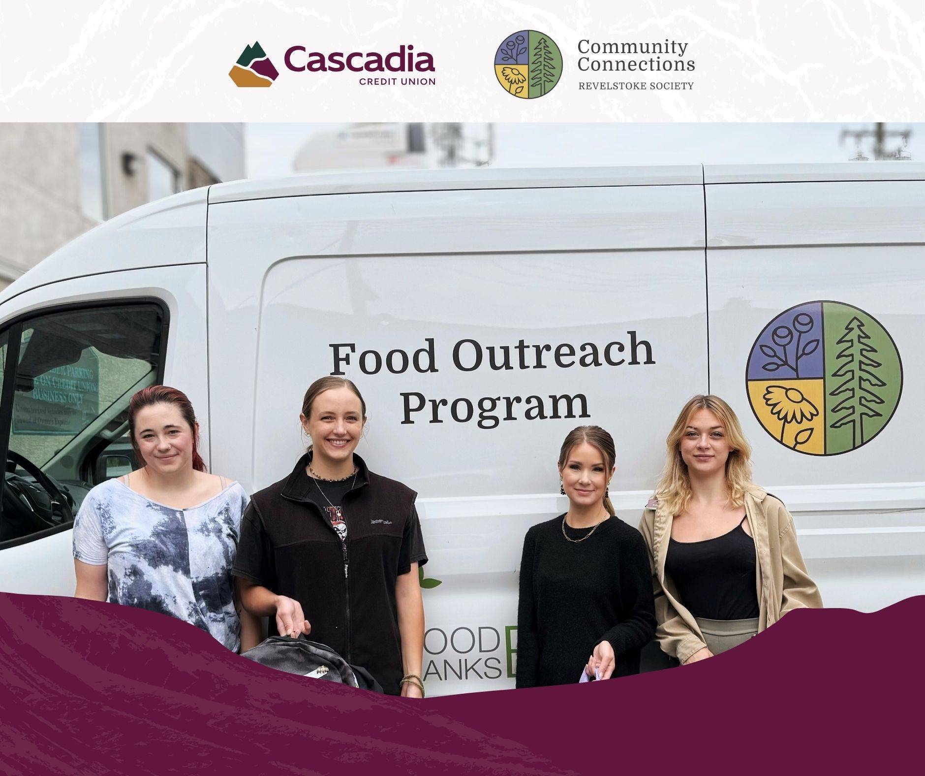 Four women in front of a white van that says Food Outreach Program.